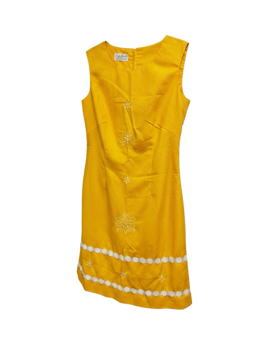 Vintage 70s Sleeveless Yellow Embroidered Shift Dress